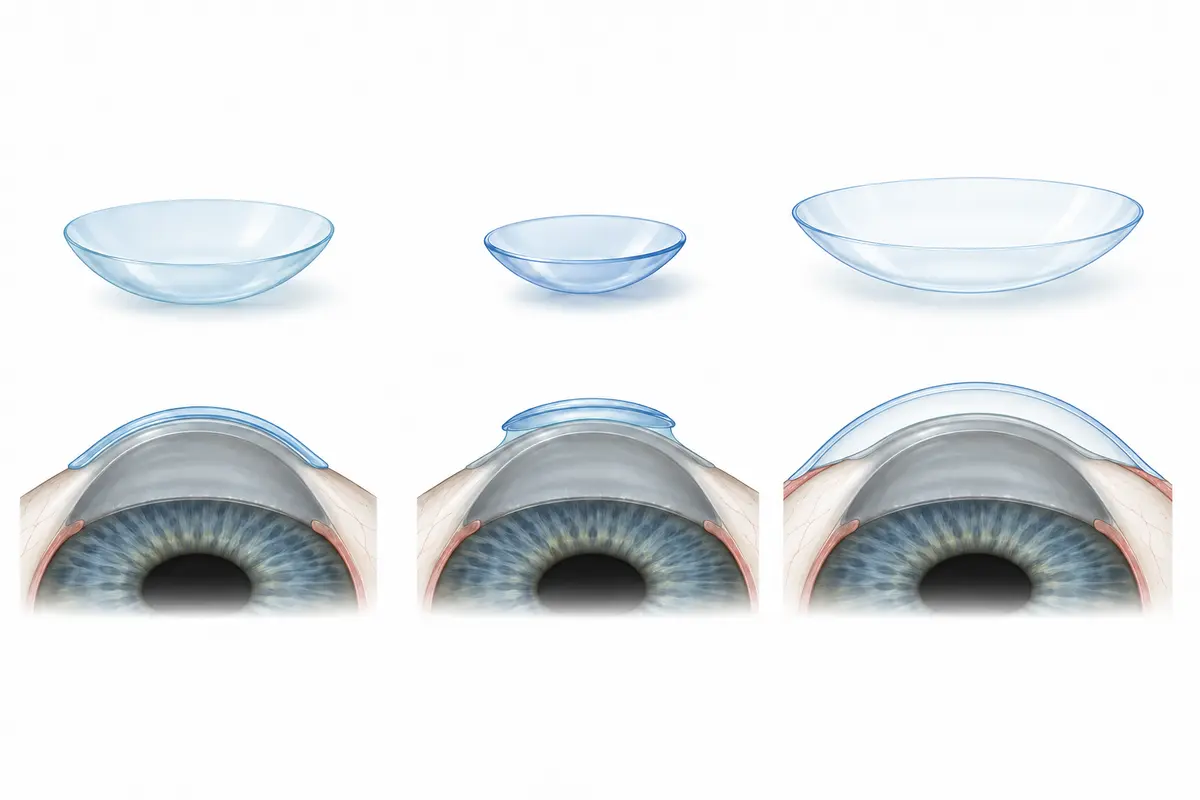 Three lens designs above simplified eye sections: a soft lens following the surface, a smaller corneal RGP lens and a larger scleral lens with a fluid reservoir.