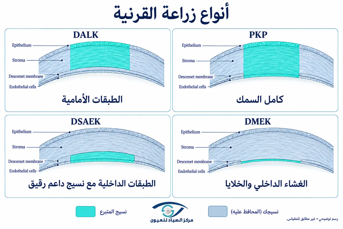 رسم مبسط يقارن طبقات القرنية المستبدلة في عمليات DALK وPKP وDSAEK وDMEK.