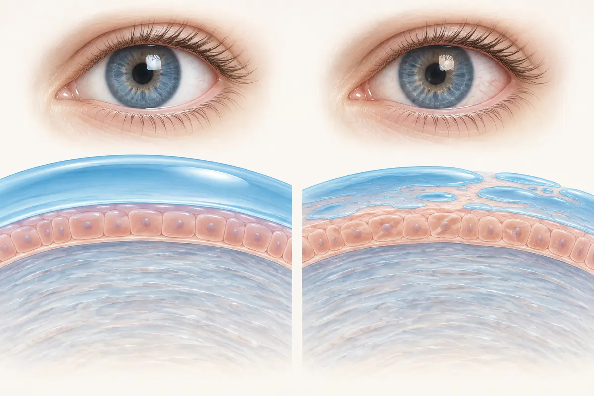 Illustration comparing a continuous tear film over the corneal surface on the left with an uneven tear film and dry spots on the right.