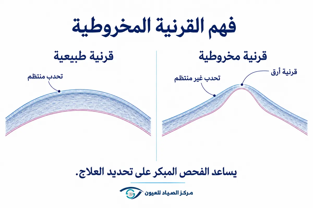 مقارنة بين قرنية منتظمة الانحناء وقرنية مخروطية أكثر رقة وعدم انتظام.