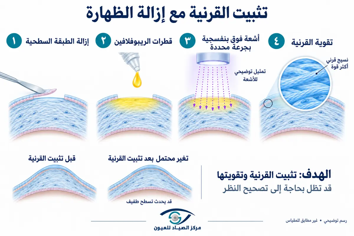 خطوات التثبيت بعد إزالة الخلايا السطحية: الريبوفلافين والأشعة المضبوطة وتقوية القرنية.