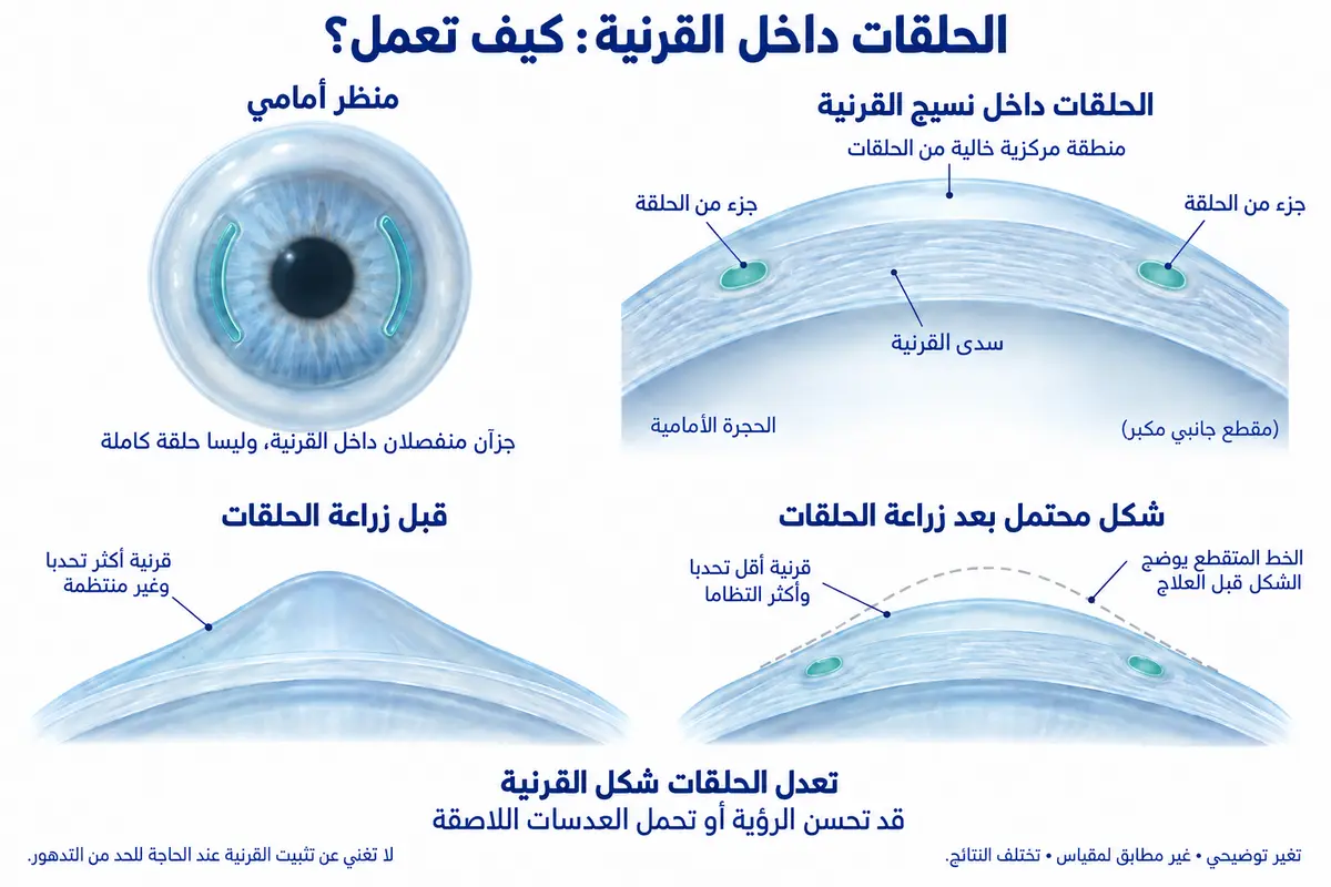 حلقات منفصلة داخل سدى القرنية مع توضيح تغير محتمل إلى شكل أقل تحدبا.