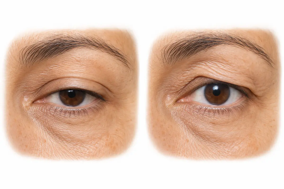 Two illustrated adult eyes: the left has a low upper eyelid margin; the right has an overhanging upper-lid skin fold.