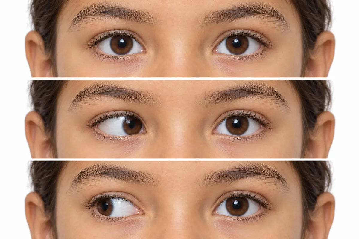 Three rows of a fictional child’s eyes: aligned at the top, one eye turned inward in the middle and outward at the bottom.