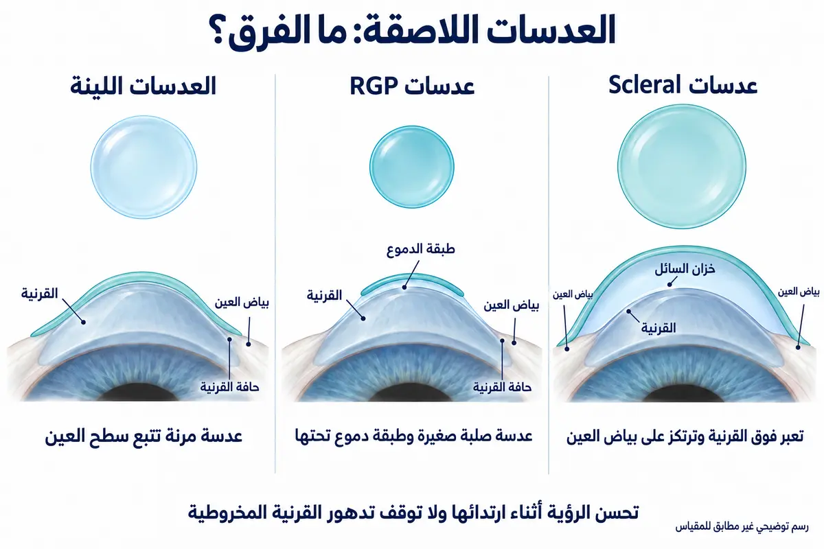 مقارنة العدسات اللينة وعدسات RGP وScleral من حيث الارتكاز وطبقة السائل.