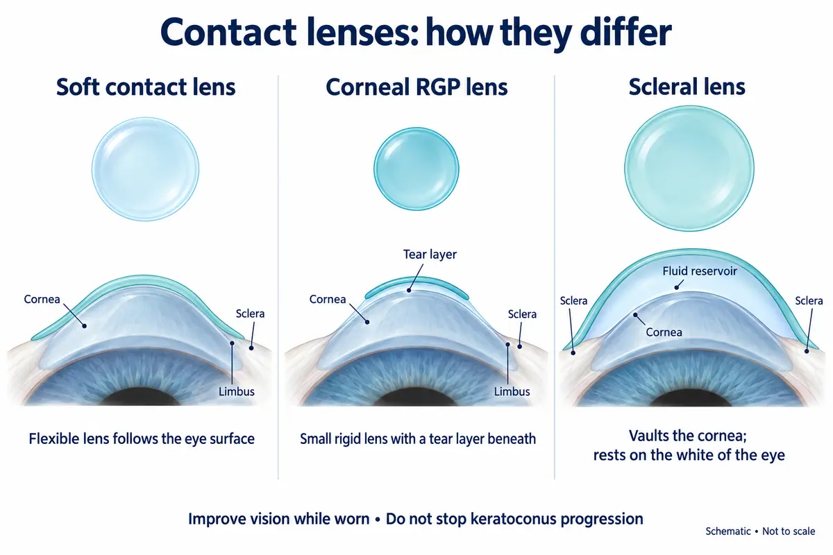 Soft, RGP and scleral contact lenses compared by fit and fluid layer.
