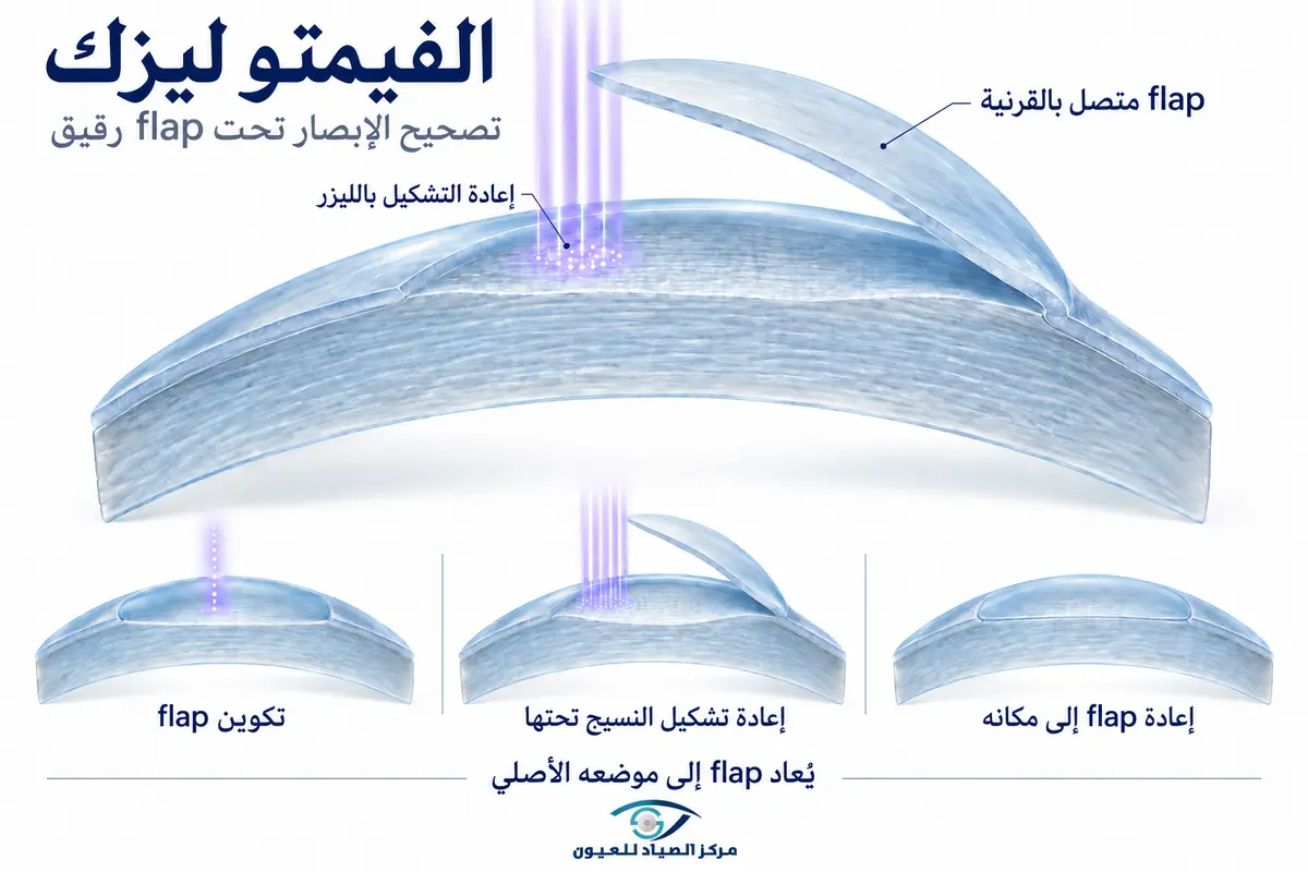 رسم يوضح تكوين flap وإعادة تشكيل النسيج أسفله ثم إعادته إلى موضعه.