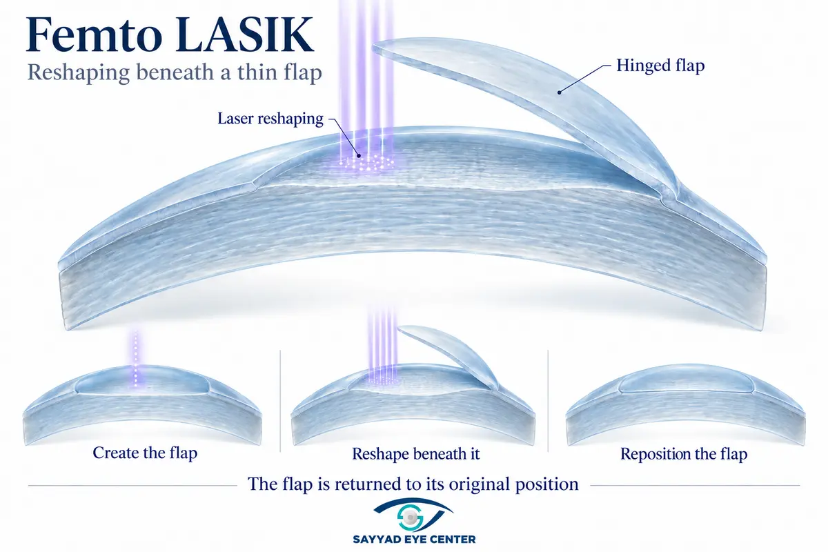 Schematic showing flap creation, reshaping beneath it and flap replacement.