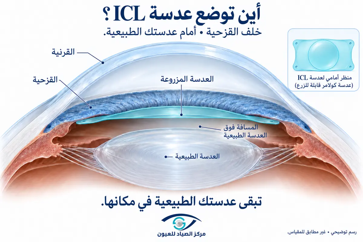 رسم يوضح موضع عدسة ICL خلف القزحية وأمام العدسة الطبيعية.