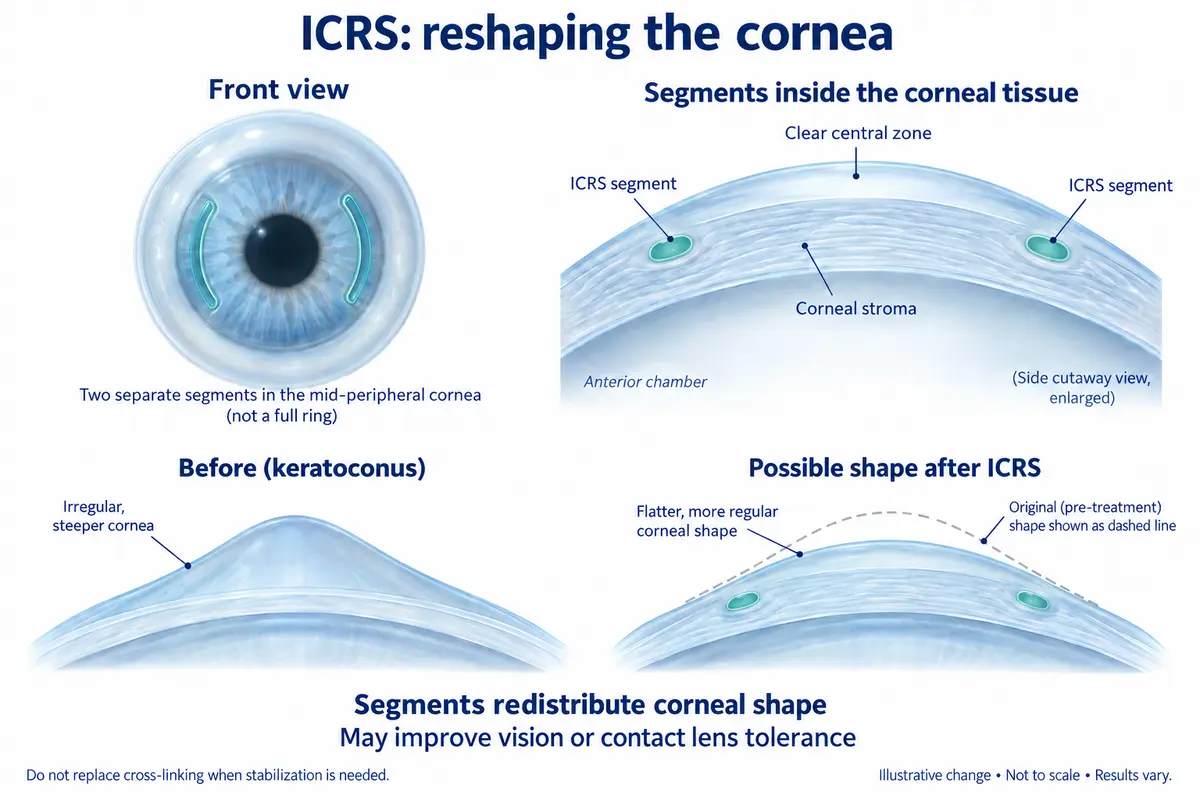 ICRS positioned within corneal tissue, illustrating a possible change in shape.