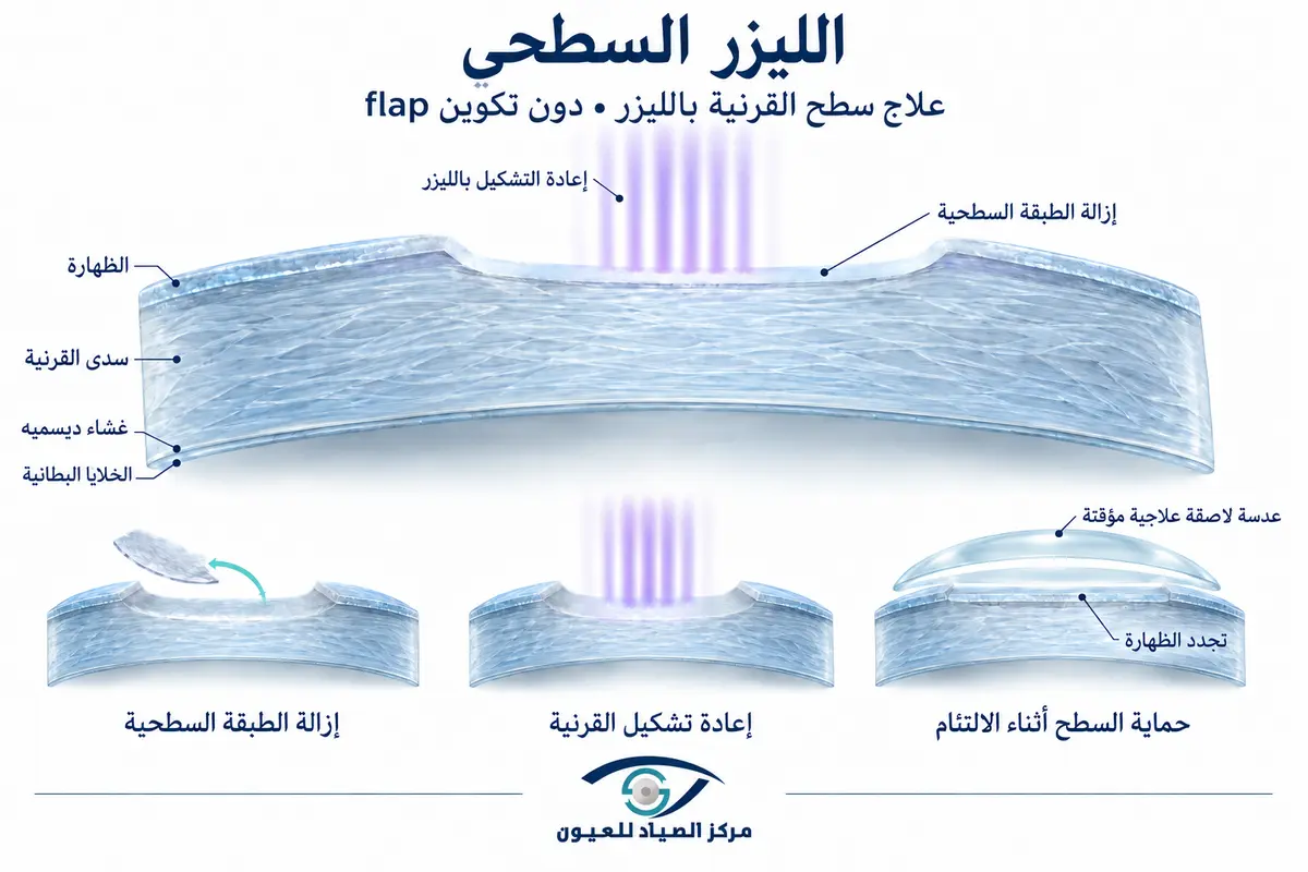 رسم يوضح العلاج السطحي والعدسة اللاصقة العلاجية الواقية.