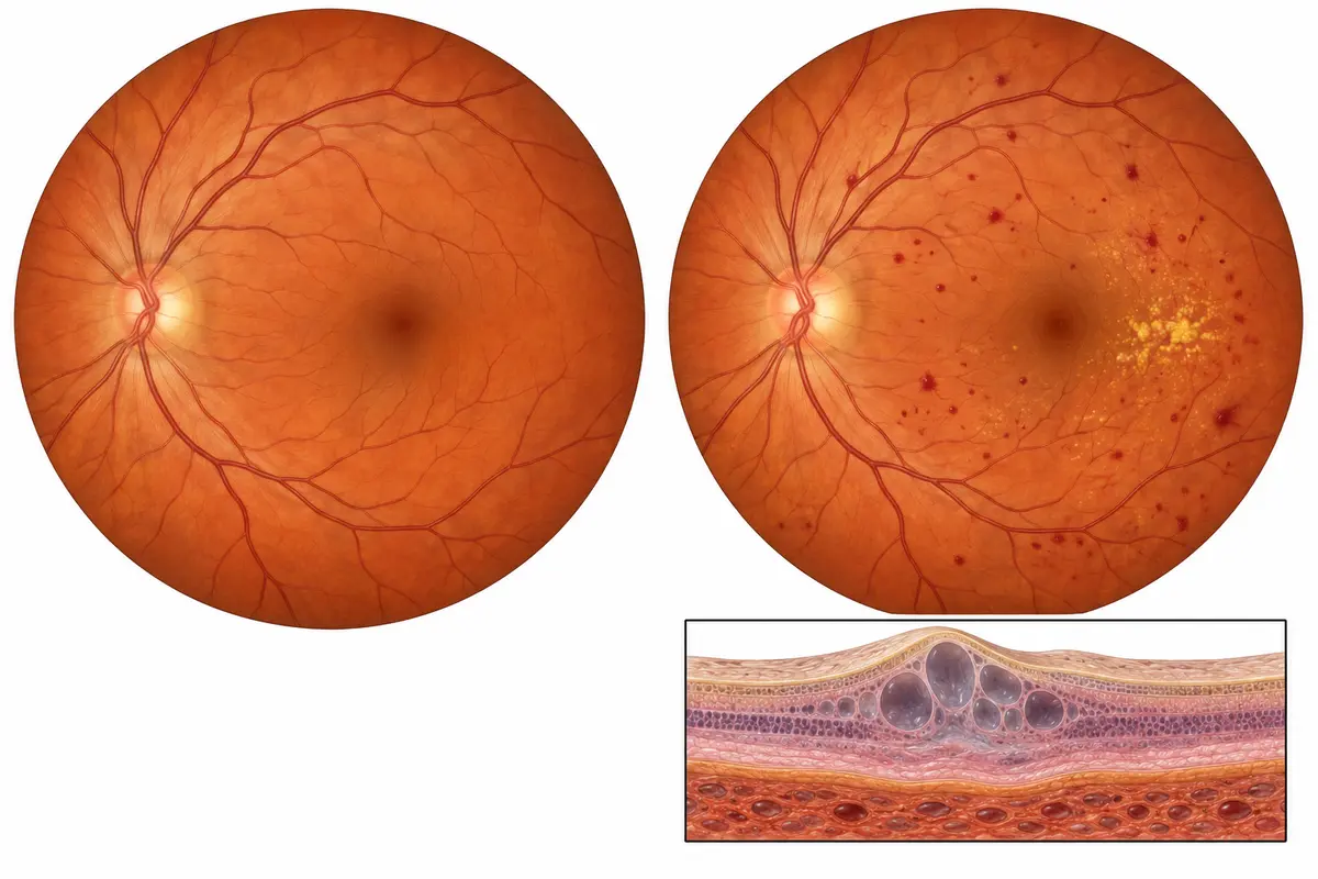 Left: a healthy-looking retinal illustration. Right: illustrative diabetic bleeding and deposits. The inset shows fluid spaces within a swollen macula.