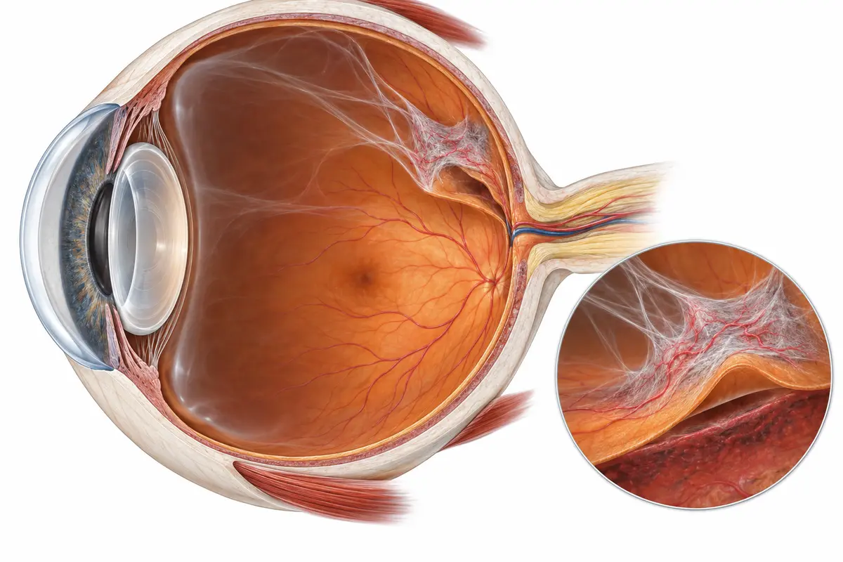 Fibrovascular tissue pulls part of the retina away from the underlying layers. The inset enlarges the area of traction. This illustrates diabetic traction, rather than PVR after a retinal tear or detachment.