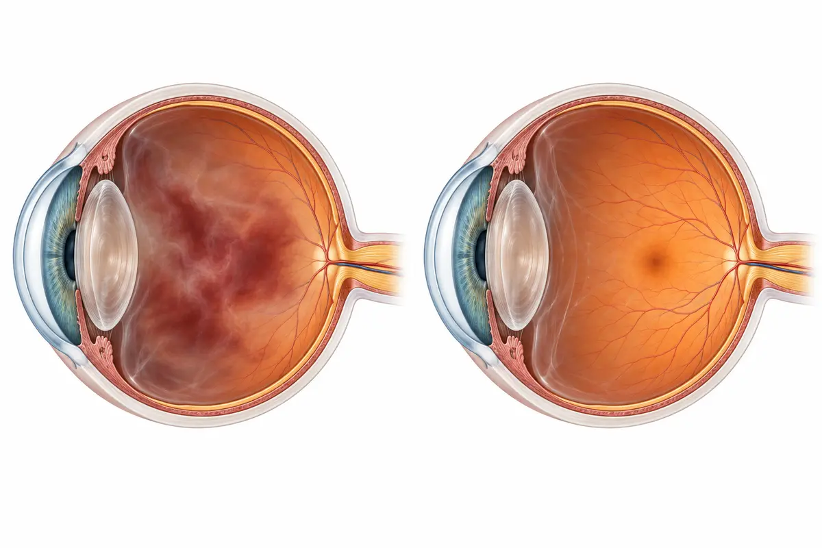 Left: blood clouds the vitreous and obscures the retina. Right: a clear cavity illustrates the aim of clearing the blood; visual recovery depends on retinal health.