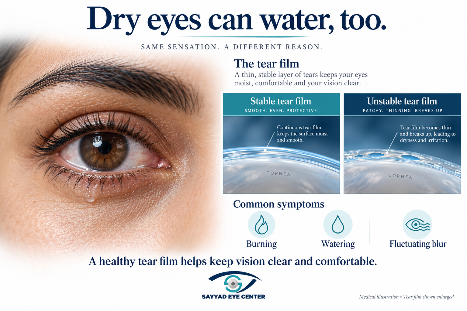 Illustration of a watery eye and stable versus unstable tear film.