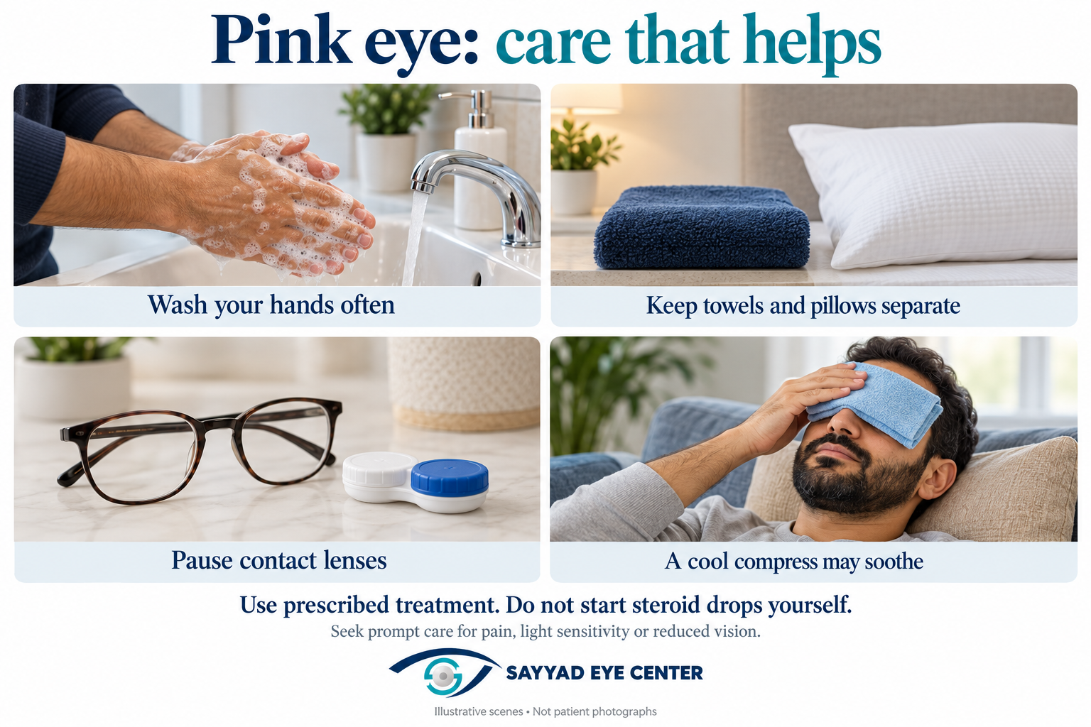 Conjunctivitis care: washing hands, using separate towels, avoiding contact lenses and applying a cool compress.