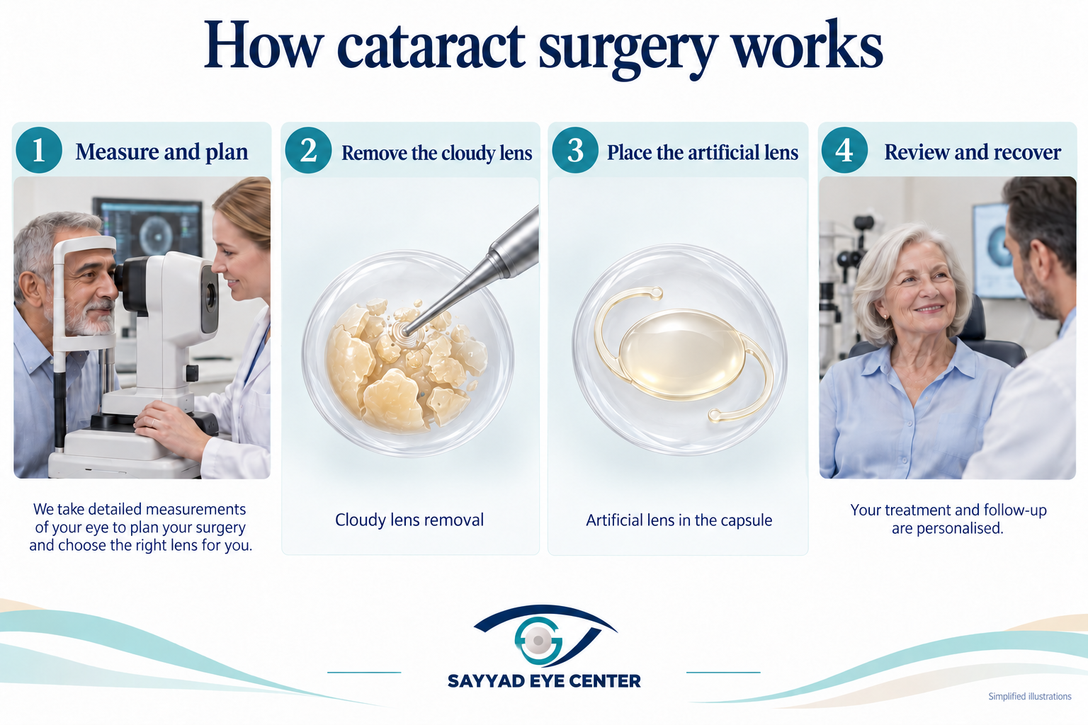 Steps of cataract surgery using phacoemulsification