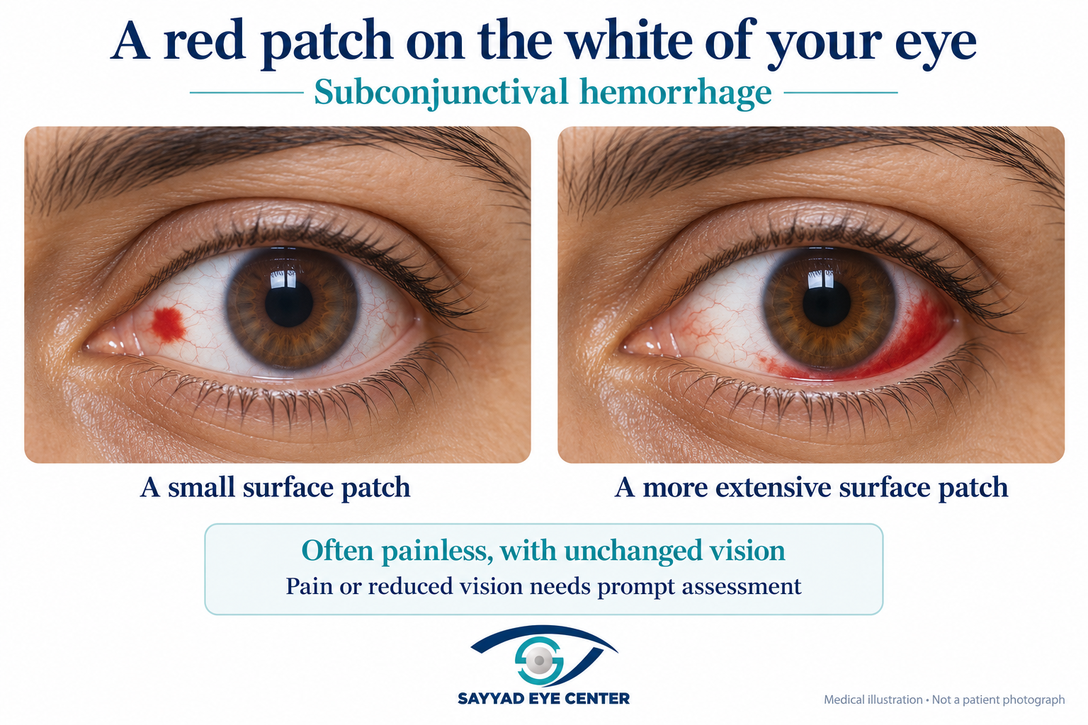Illustration showing how a subconjunctival hemorrhage can appear as a red patch on the white of the eye.