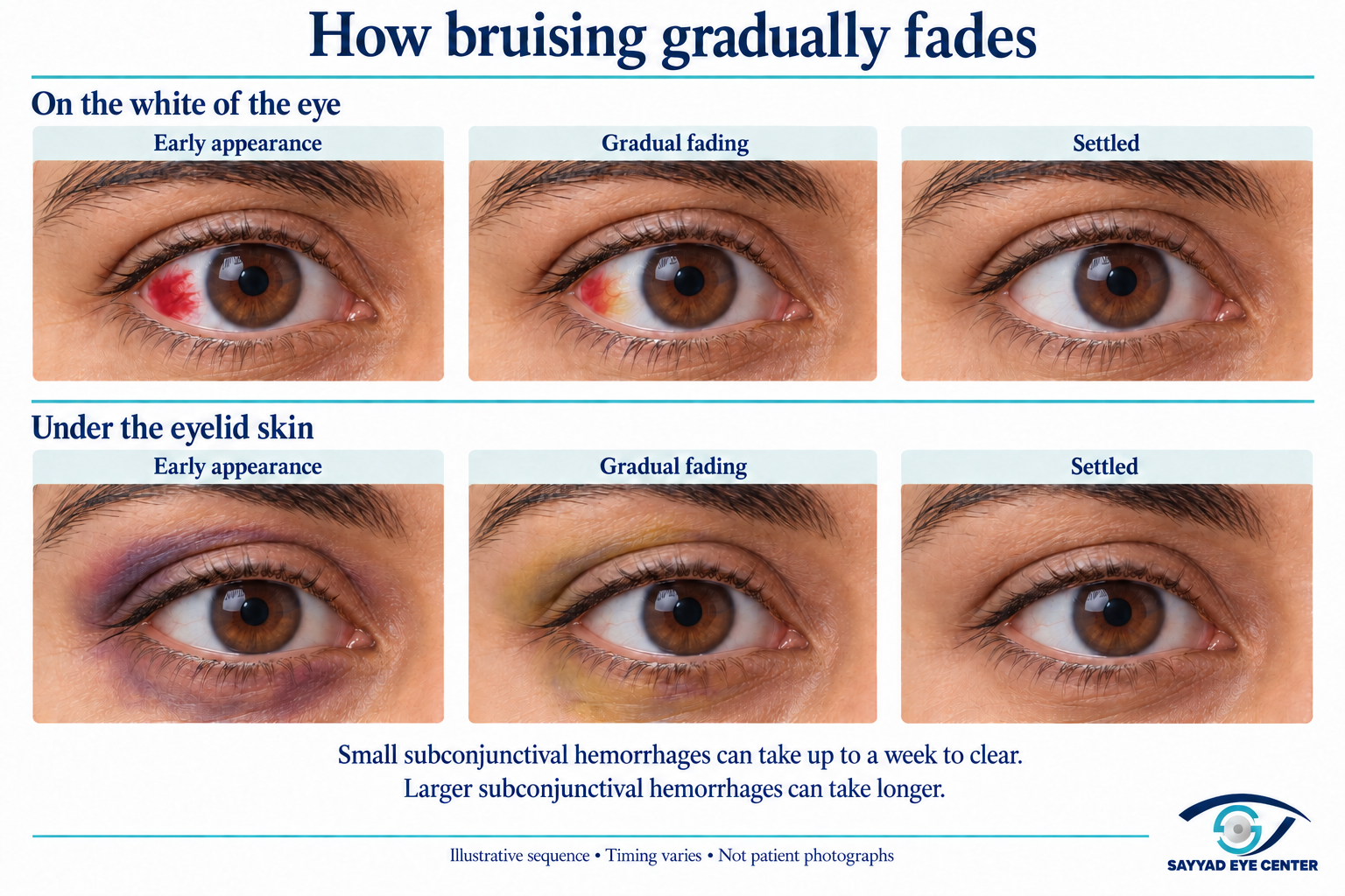 Illustration of subconjunctival hemorrhage healing: small patches may clear within a week, while larger patches can take longer.