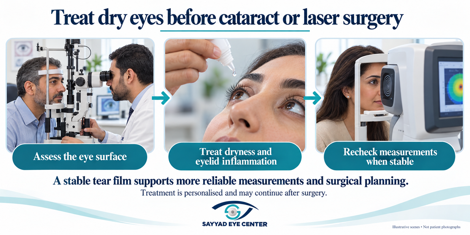 Illustrated eye-surface assessment, dry-eye treatment and repeat measurements before surgery.