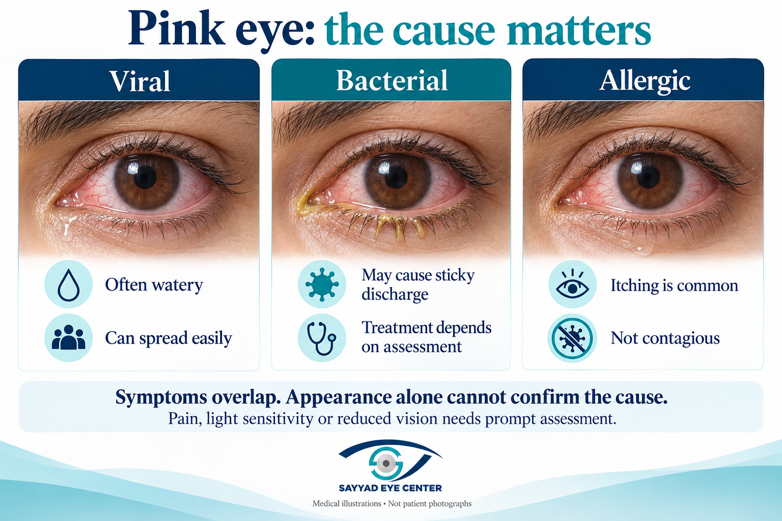 Illustration comparing viral, bacterial and allergic conjunctivitis.